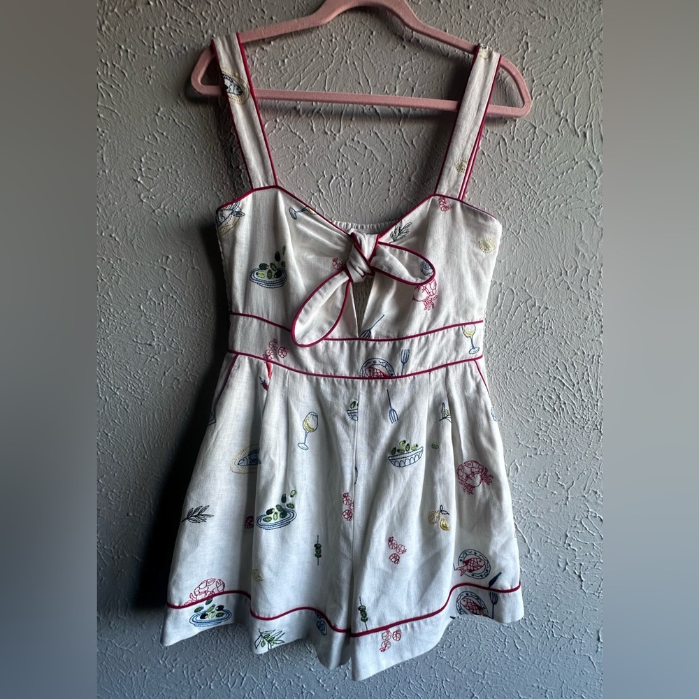 Caroline Constas Embroidered Linen Romper - Mediterranean Food Print - Size M. - Picture 3 of 17